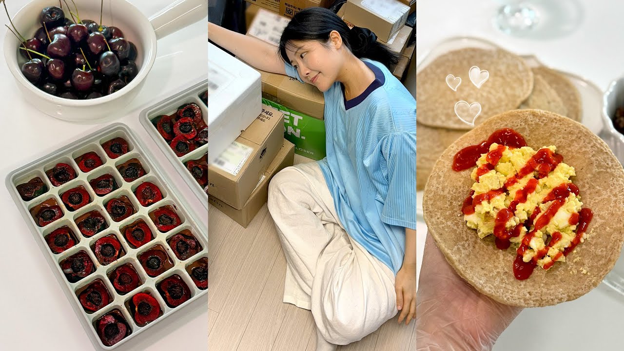 ENG) 친구선물 폭풍 언박싱🥳 다이어트 체리초콜릿🍒 오트밀 또띠아• 클린식vlog! 계란샐러드• 복숭아마리네이드 🍑