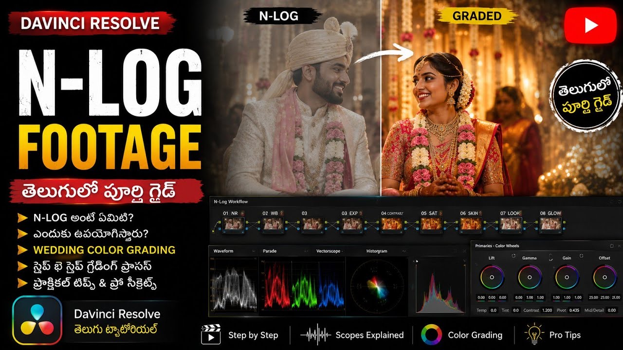 N Log Footge Color Grading Telugu | Davinic Reslove | Nikon Log Footge Tutorial