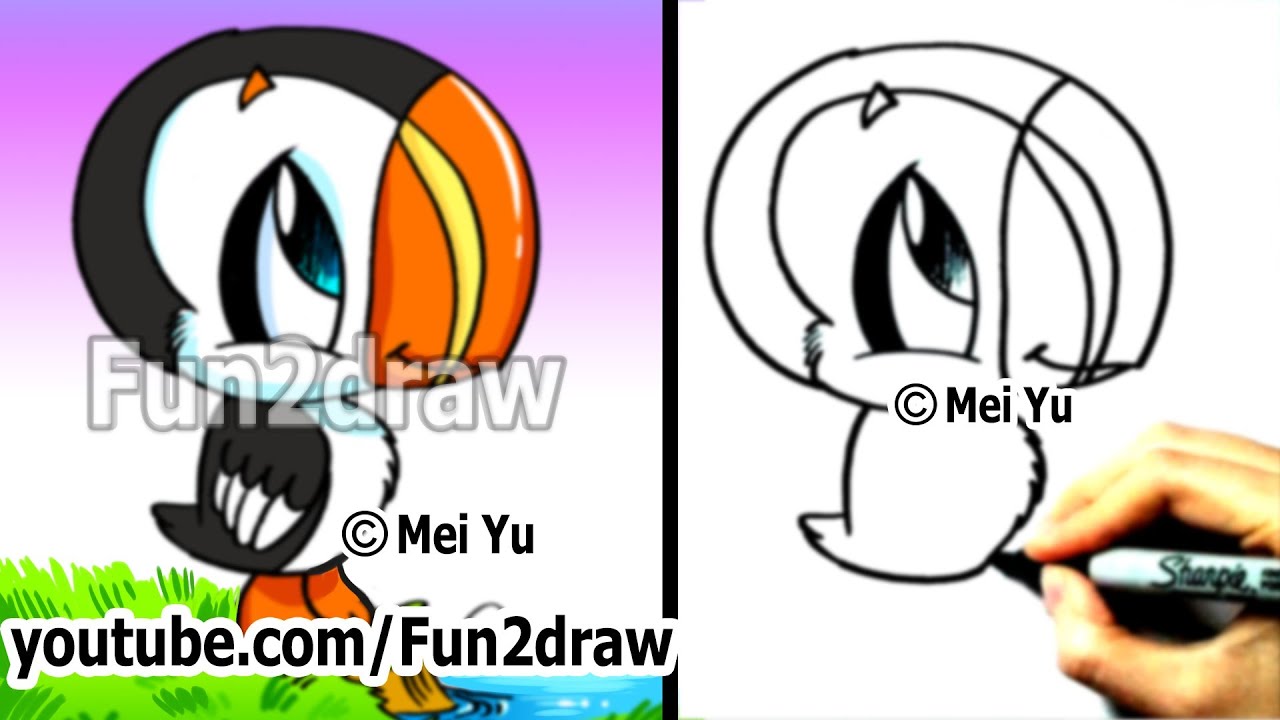 Drawing Tutorials - How to Draw a Bird (Cute Puffin) - Draw Animals - Cute Art - Fun2draw
