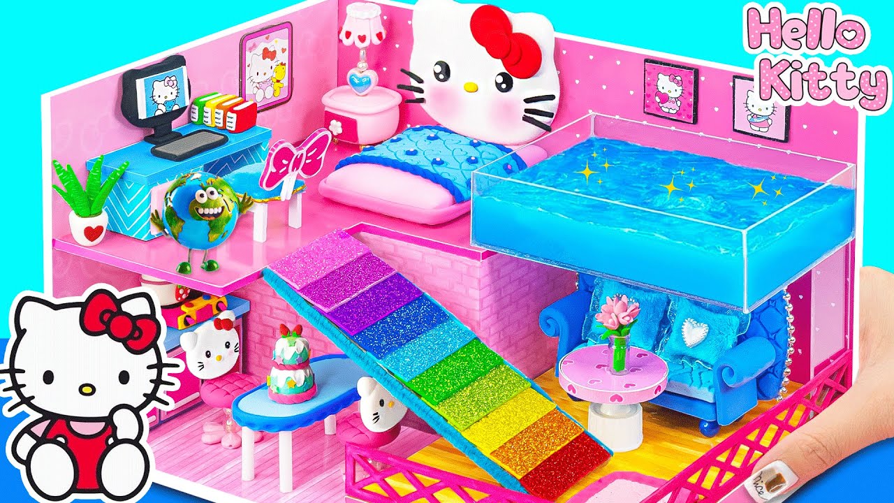 Make Hello Kitty House with Pool on Top, Bedroom, Living Room & Rainbow Slide💖🌈 DIY Miniature House