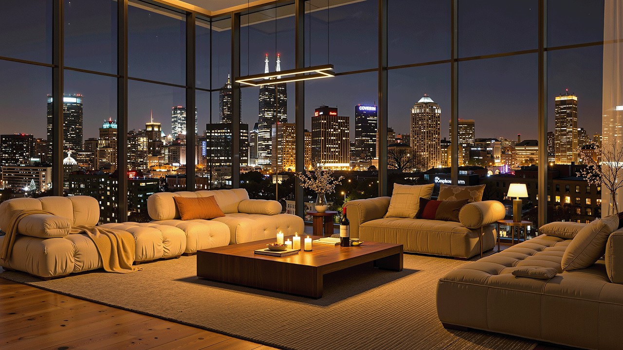Smooth Jazz Night at Cozy Apartment 🕯️ City Rain & Fireplace Ambience for Relaxation and Sleep (4K)