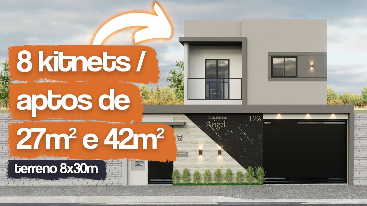 Terreno estreito: 8 Apartamentos de 1 e 2 quartos 27m² e 42m² / Lote 8x30m com aproveitamento máximo
