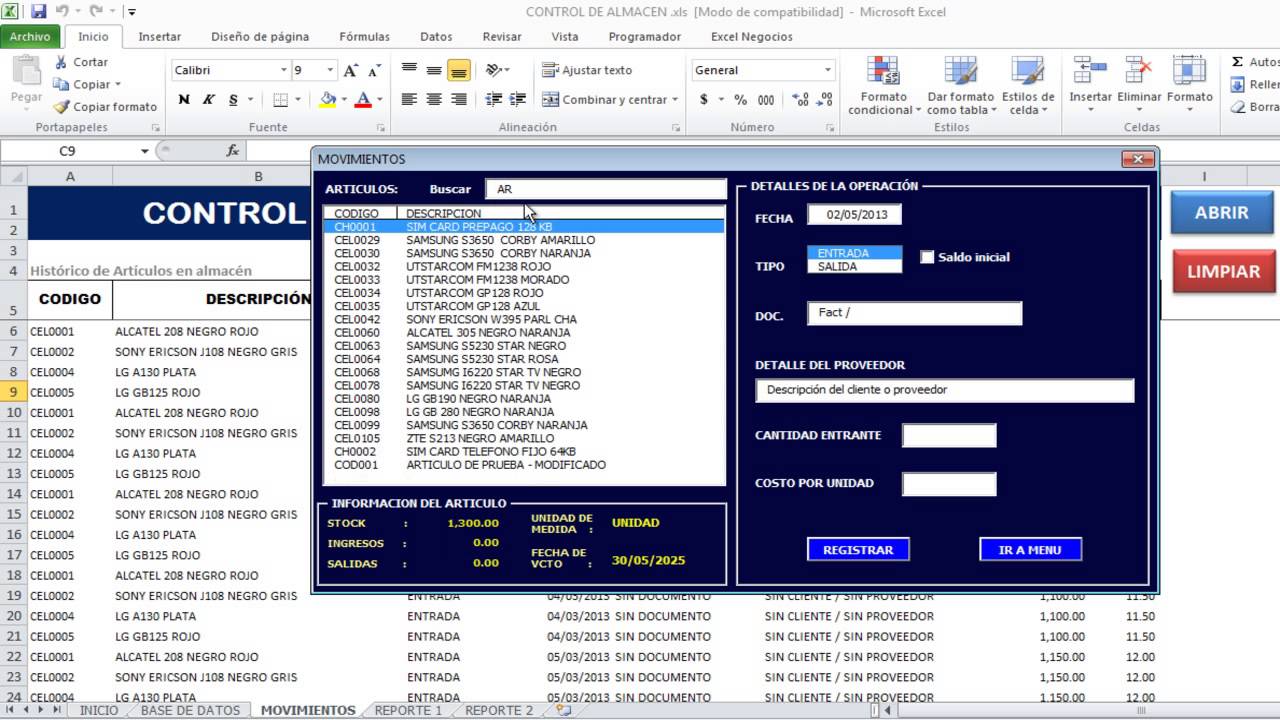 Control de almacen en Excel - Control de Stock Excel - Valuación Metodo promedio