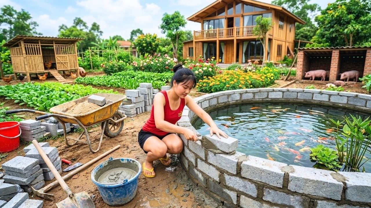 Young Girl Builds A Brick Wall Around Her Fish Pond in 60 days - DIY From Scratch