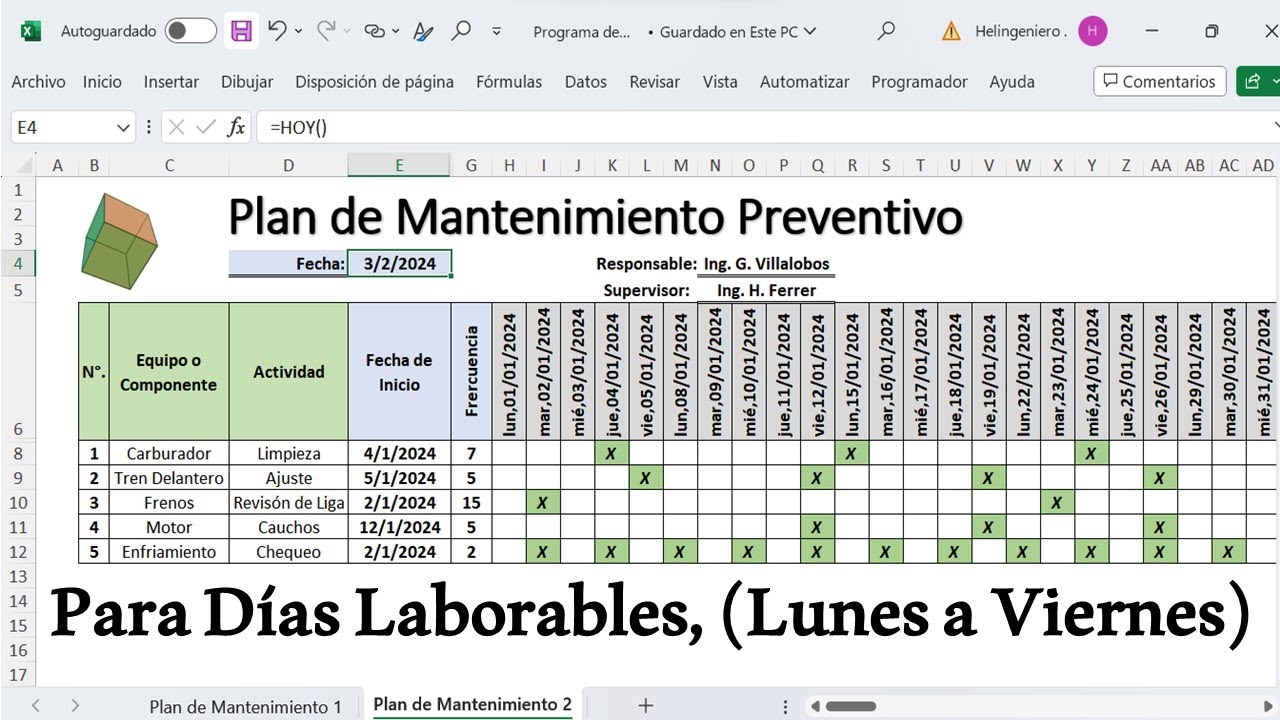 Elaboración de Plan de Mantenimientos Preventivos Para Días Laborables - (Lunes a Viernes)