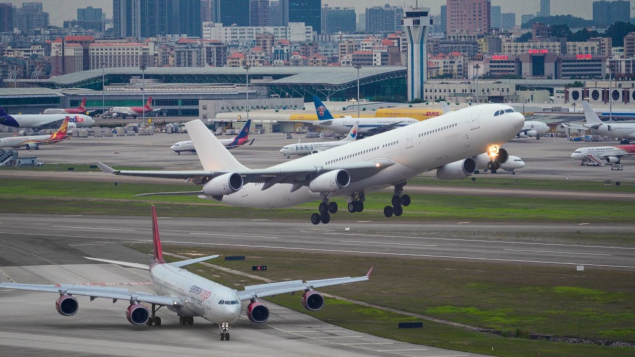 不愧是去过南极的A343五个APU！这推力真的很强劲两架空客A340深圳起降 Hifly A340-300 European Cargo A340-600 Shenzhen China