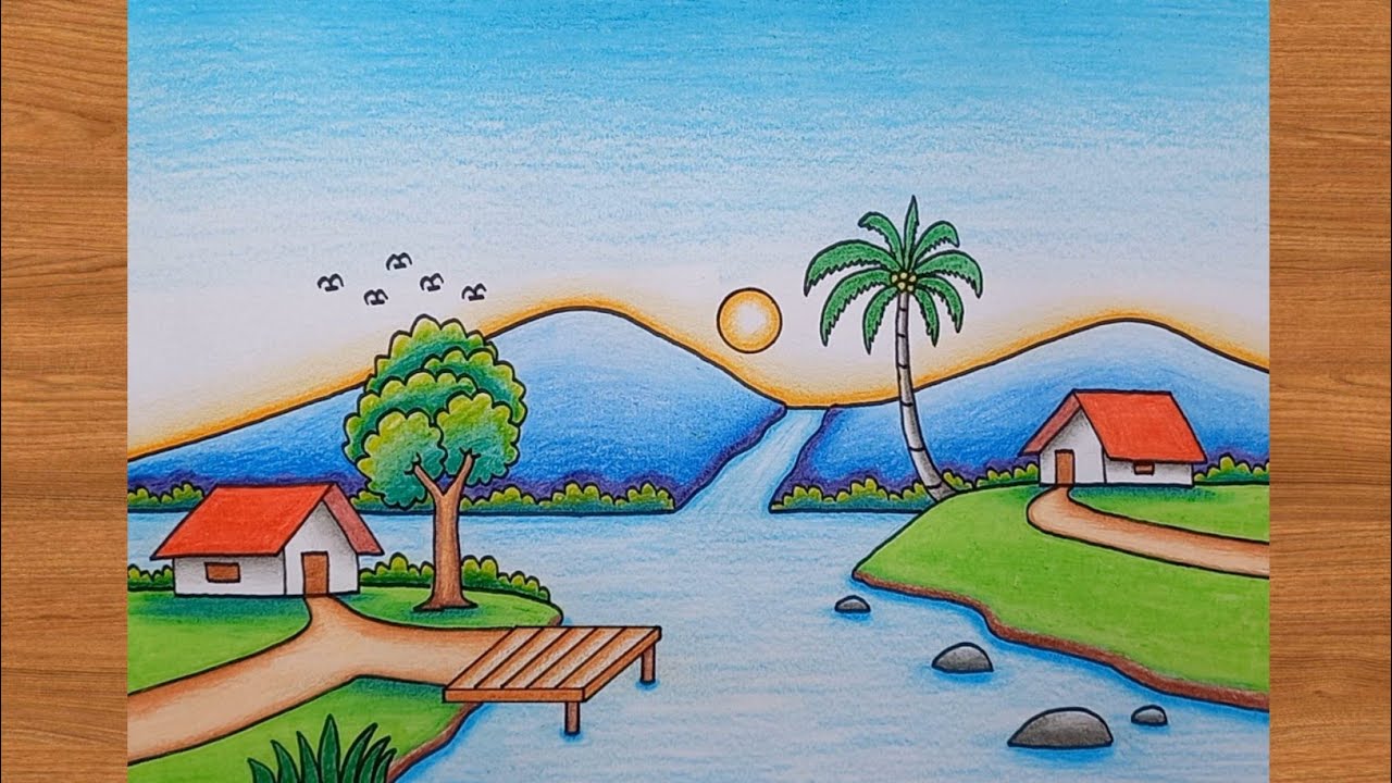 Cara Menggambar Pemandangan Gunung Sungai | Sangat Mudah | Pemandangan Gunung Sungai