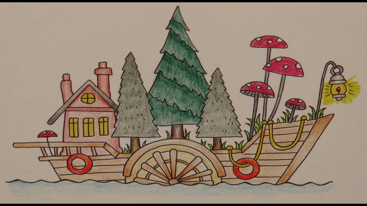Adult Colouring Tutorial Houseboat - from Miniature Enchanted Forest by Johanna Basford