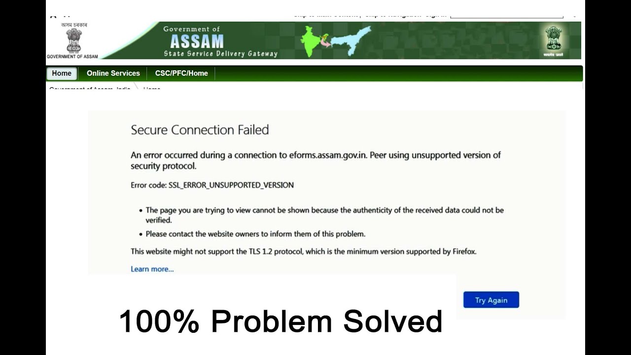 Secure Connection failed (E-District Assam- E-form Assam Login Problem) 100% Solved Your Problem.