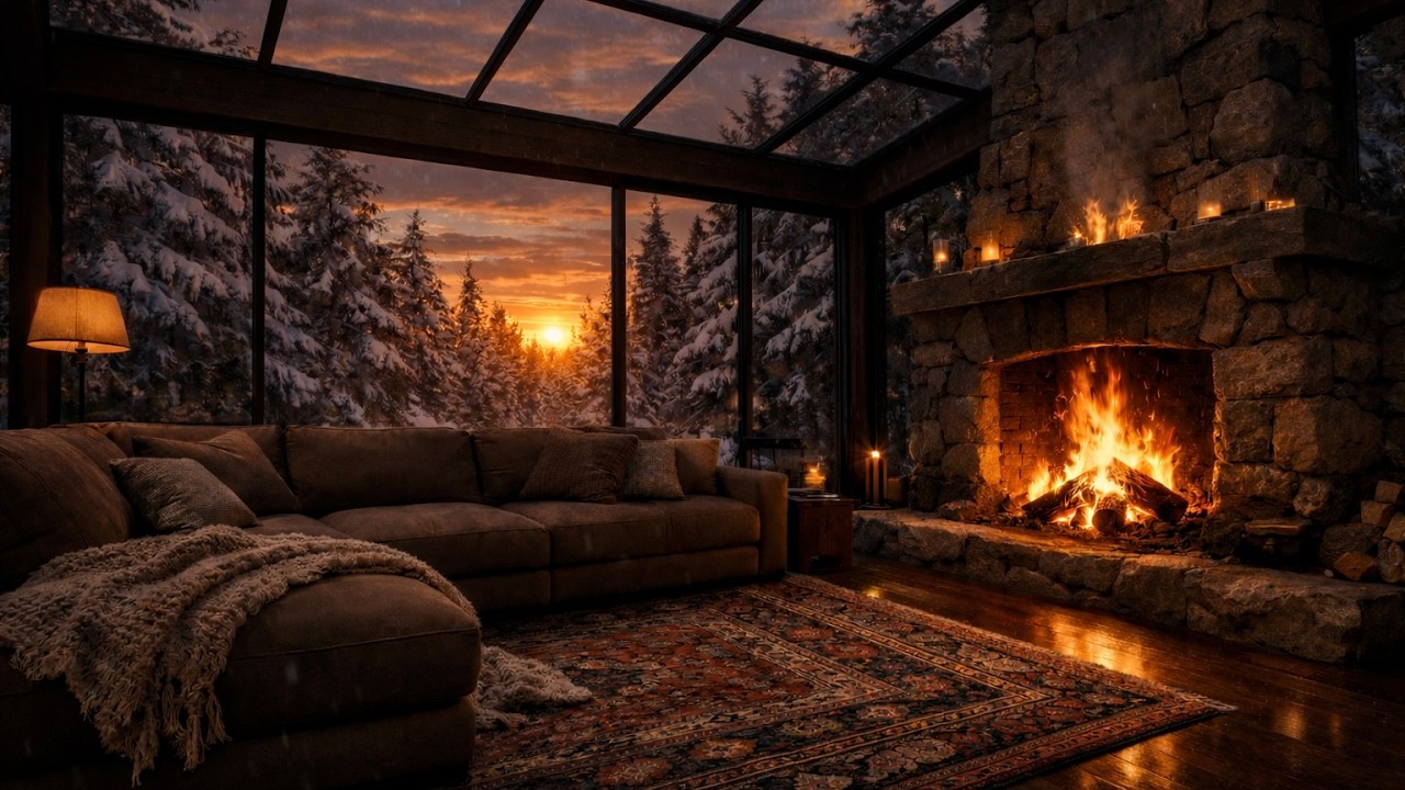 You’ll Never Leave This Cabin… 🔥 Sunset Winter Fireplace Ambience | 1 Hour Cozy Snow Forest (4K)
