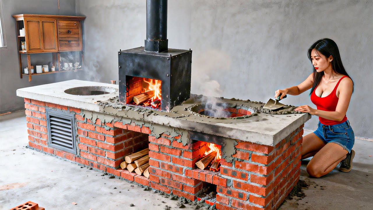 TIMELAPSE - Solo Woman Builds a Big Stove, Pours the Kitchen Floor & Builds a Log Cabin