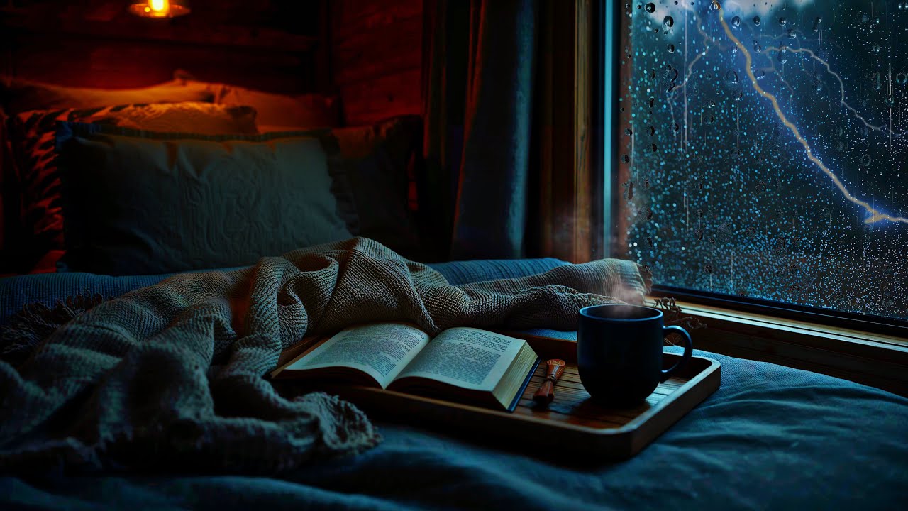 Heavy Rain & Thunderstorm Ambience for Sleep - 10 Hours of Cozy Coffee & Book Sanctuary (4K)