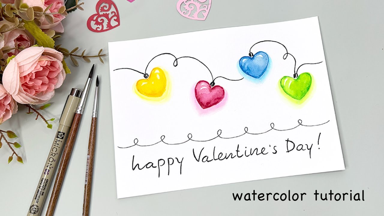 Watercolor Valentine's day card - how to paint hearts lights