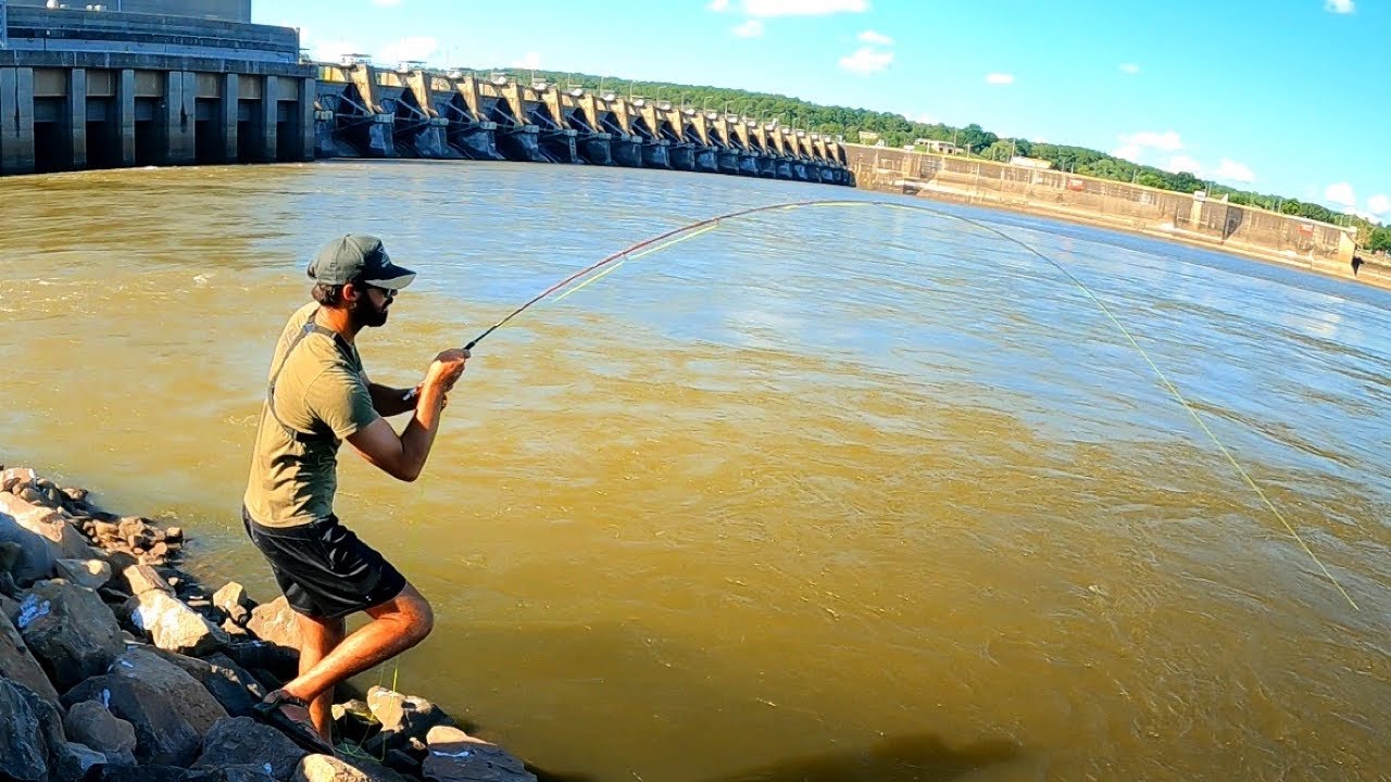 FLY FISHING for CATFISH Below MASSIVE RIVER SPILLWAY! (INSANE)