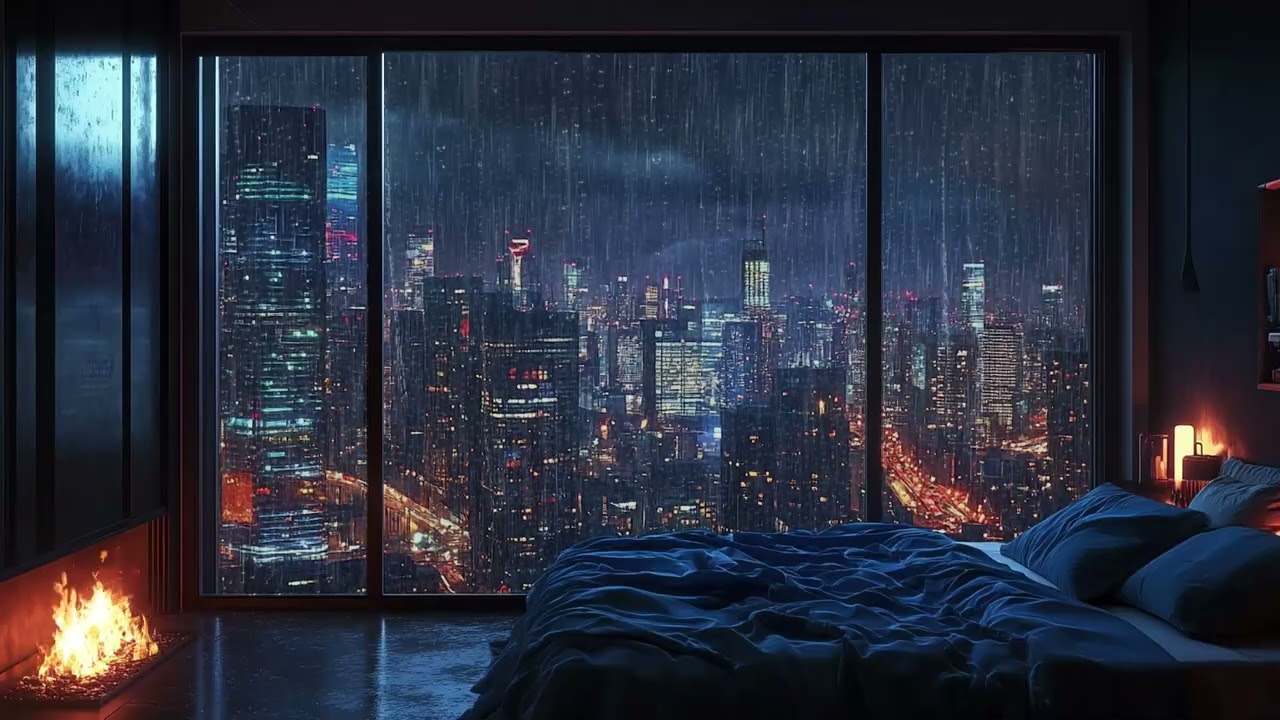 Heavy Rain Sound and Fireplace in a Modern Room for Stress Relief and Deep Sleep