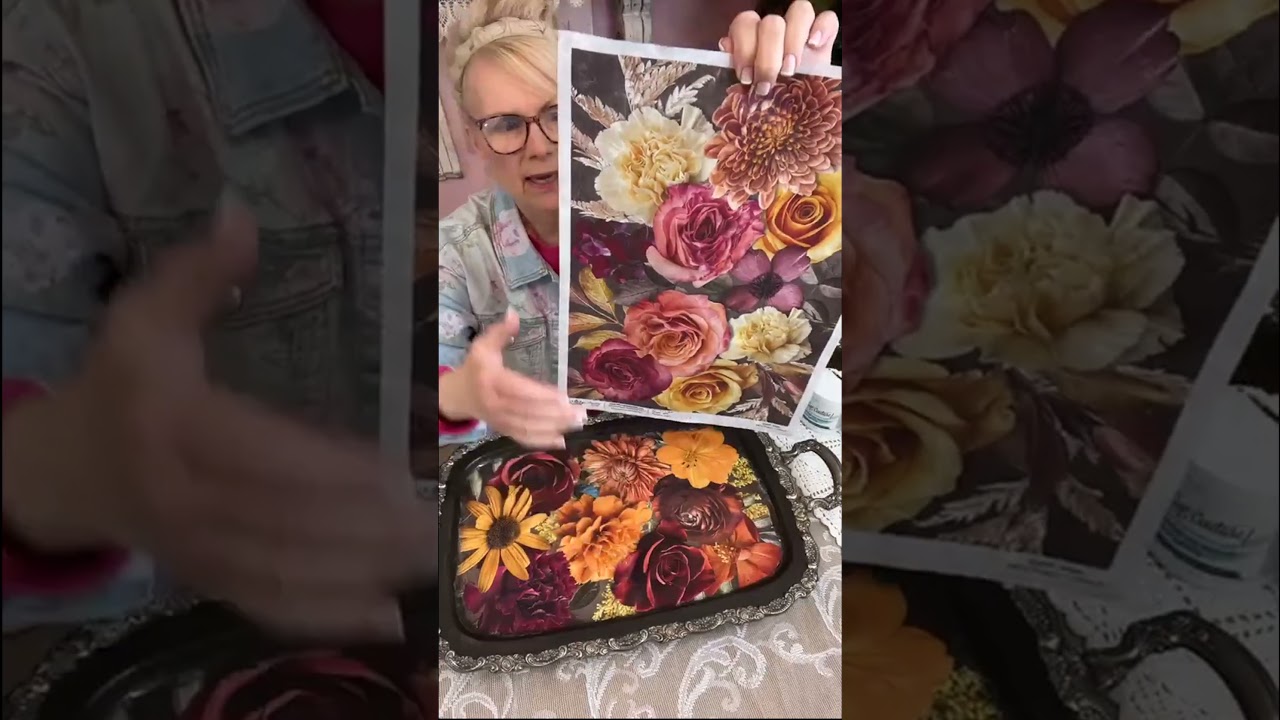 Silver tray Fall DIY using Decoupage queen rice paper @yesterdaystomorrows