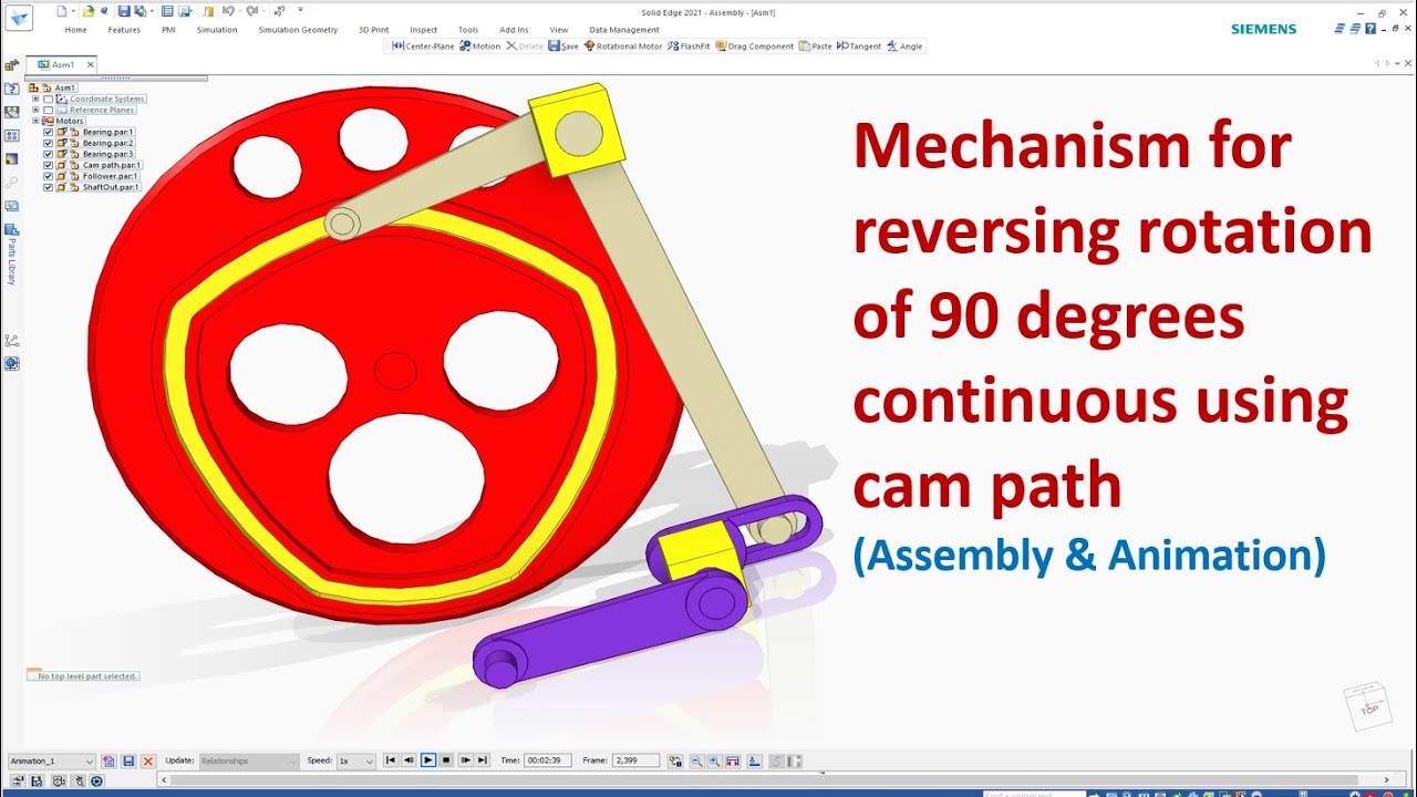 Solid Edge Assembly & Animation #36 | Mechanism for reversing rotation continuous using cam path