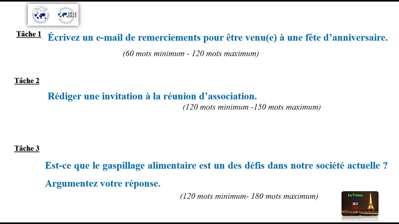 TCF *** l’EXPRESSION ÉCRITE avec l’exemple et les rédactions corrigées (Tâche 1 -2- 3) * Dossier 8