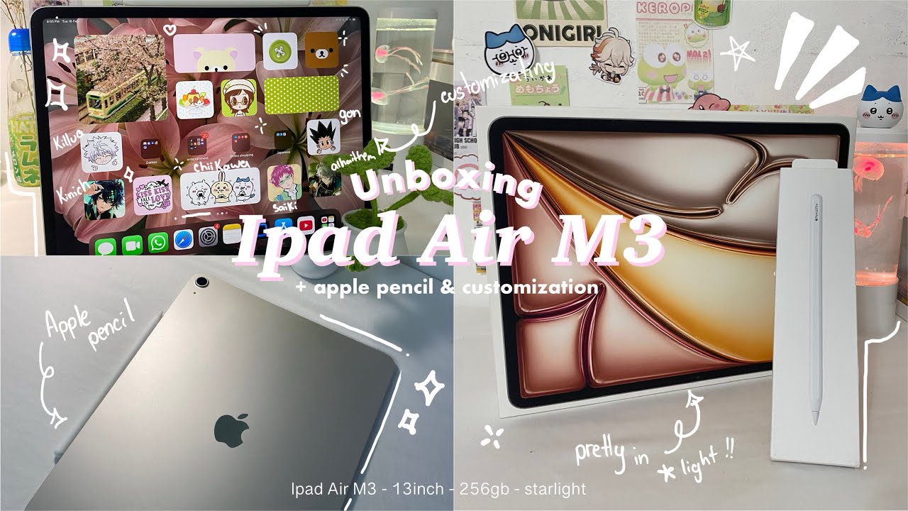 Unboxing iPad Air M3 13inch (starlight) 🌟l Apple pencil pro + aesthetic customization 🍀✏️