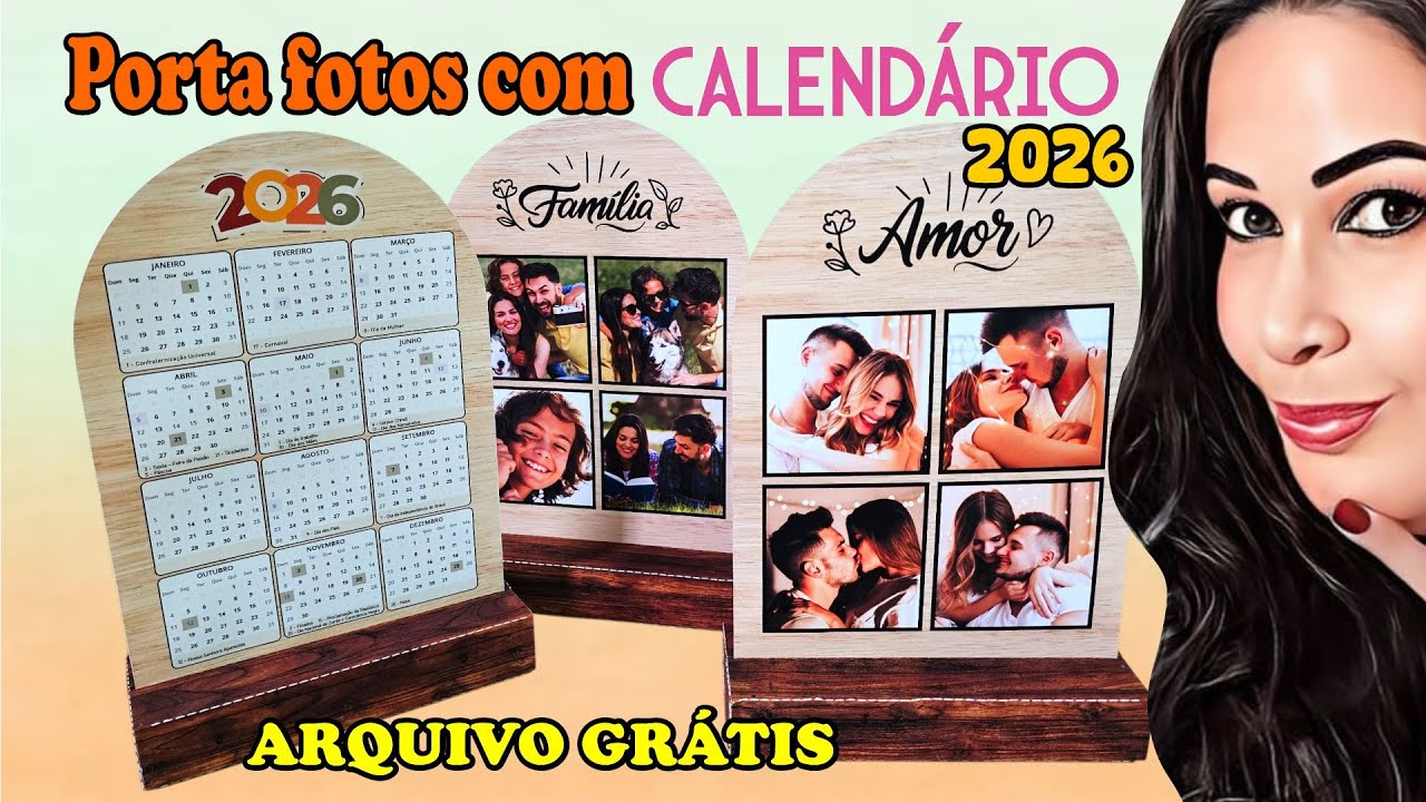 Porta fotos estilo madeira com calendário 2026 | molde grátis #388