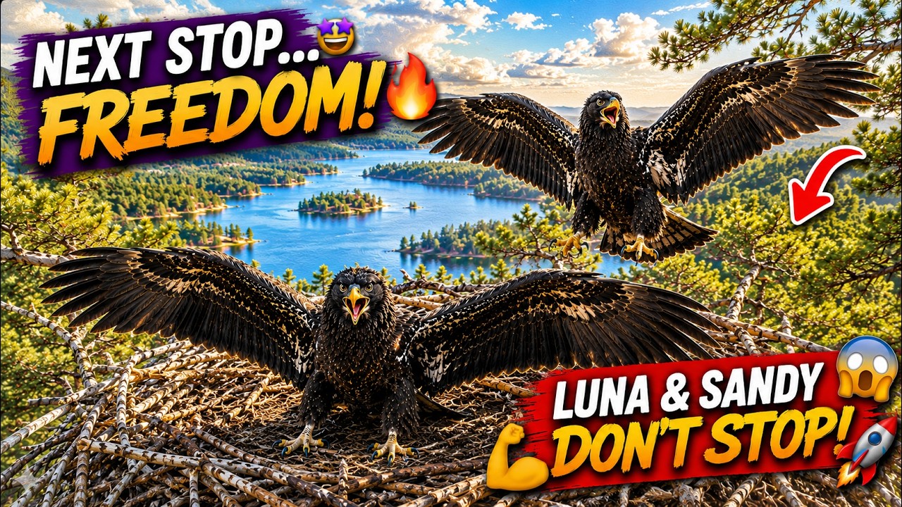 Luna Gets Big Lift 🎠 Started First. Then Sandy Joined In 🦅😲 Big Wing Practice Yet. Fledgling On PEAK