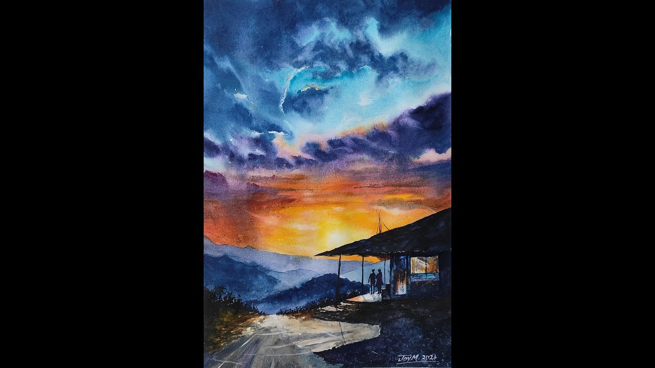 How to paint dramatic sunset with light and shadows | Watercolor Landscape Painting Process