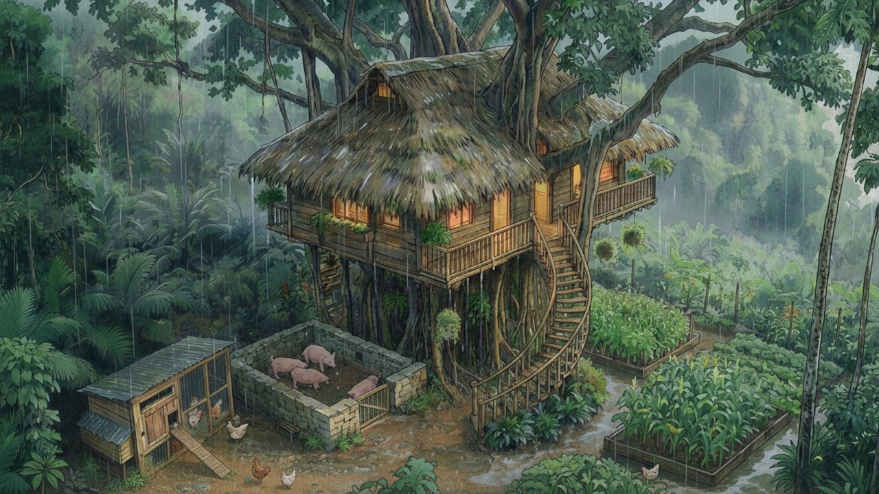 Forest Rain, Firelight & Family, Cozy Night in a Treehouse I Ghibli Silent Days