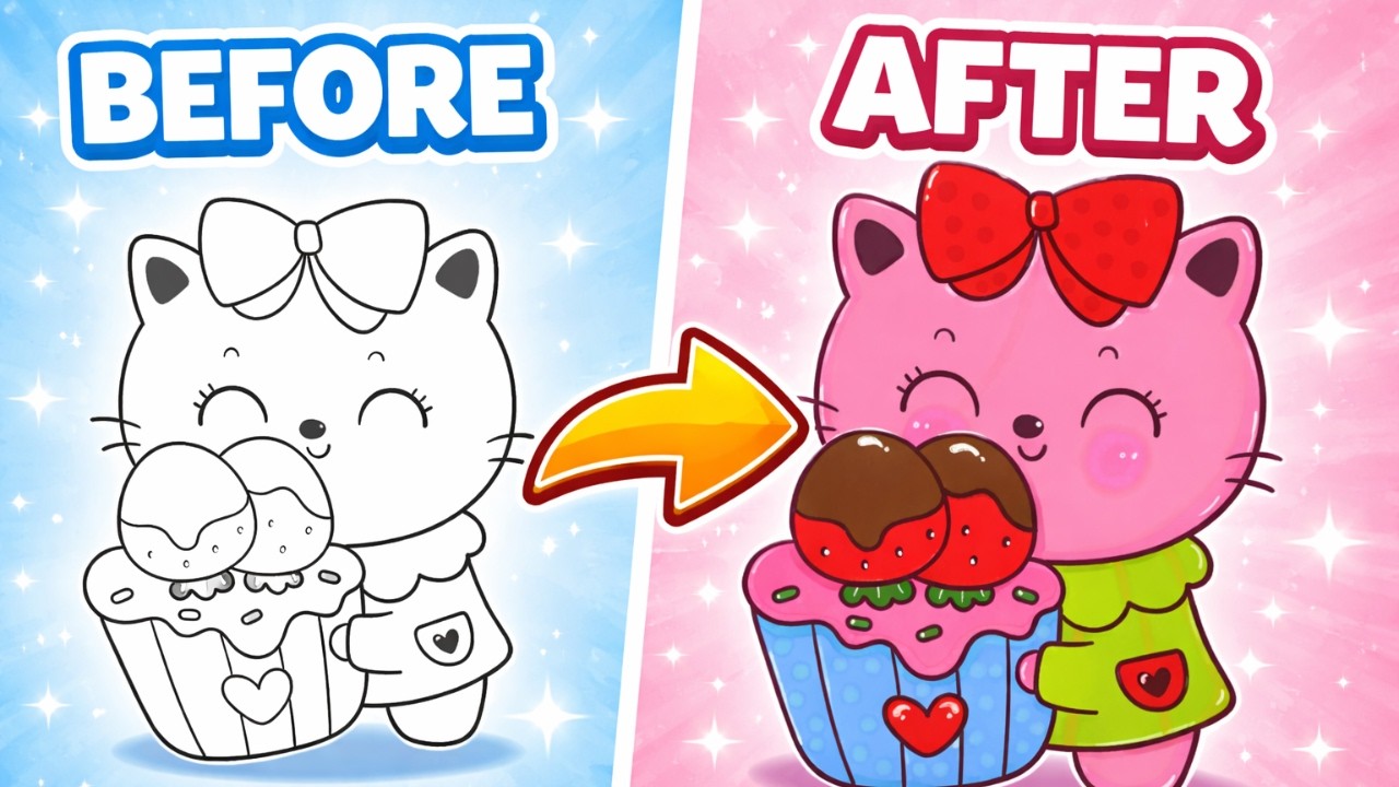 ASMR Coloring Double Strawberry Cupcake Kitty🧁🥰| Color With Me