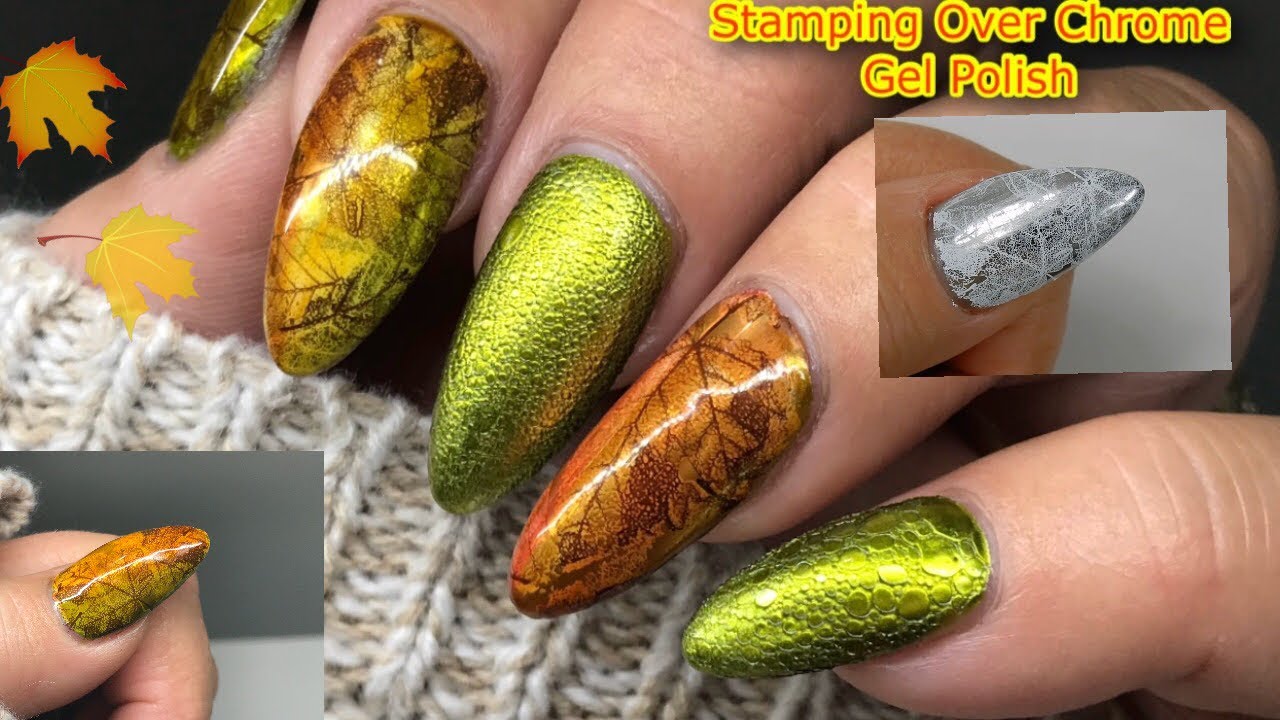Layered Stamping Fall Design /  Nail Stamping Over Chrome with Dimension and Depth