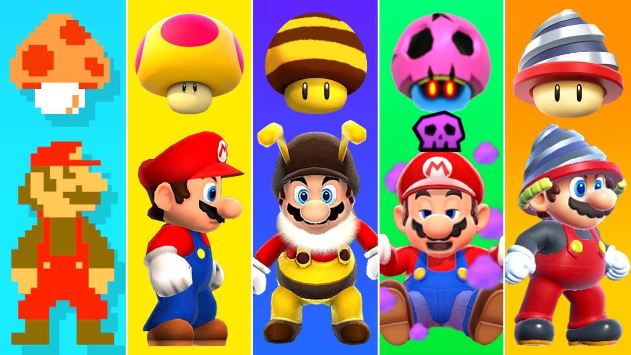 Evolution of Mushroom Power-Ups in Super Mario Games (1985-2023)