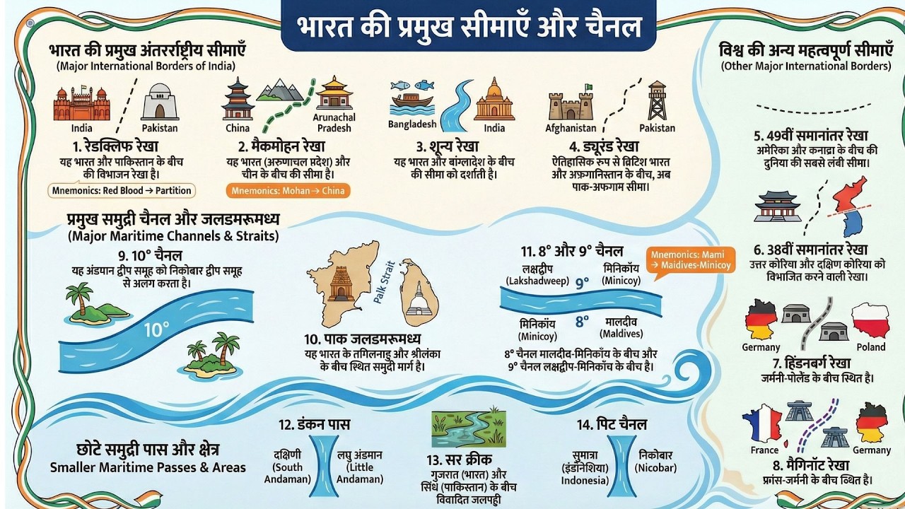 अब AI के माध्यम से 6 मिनट में | भारत की प्रमुख सीमाएँ और चैनल Major borders and channels of India