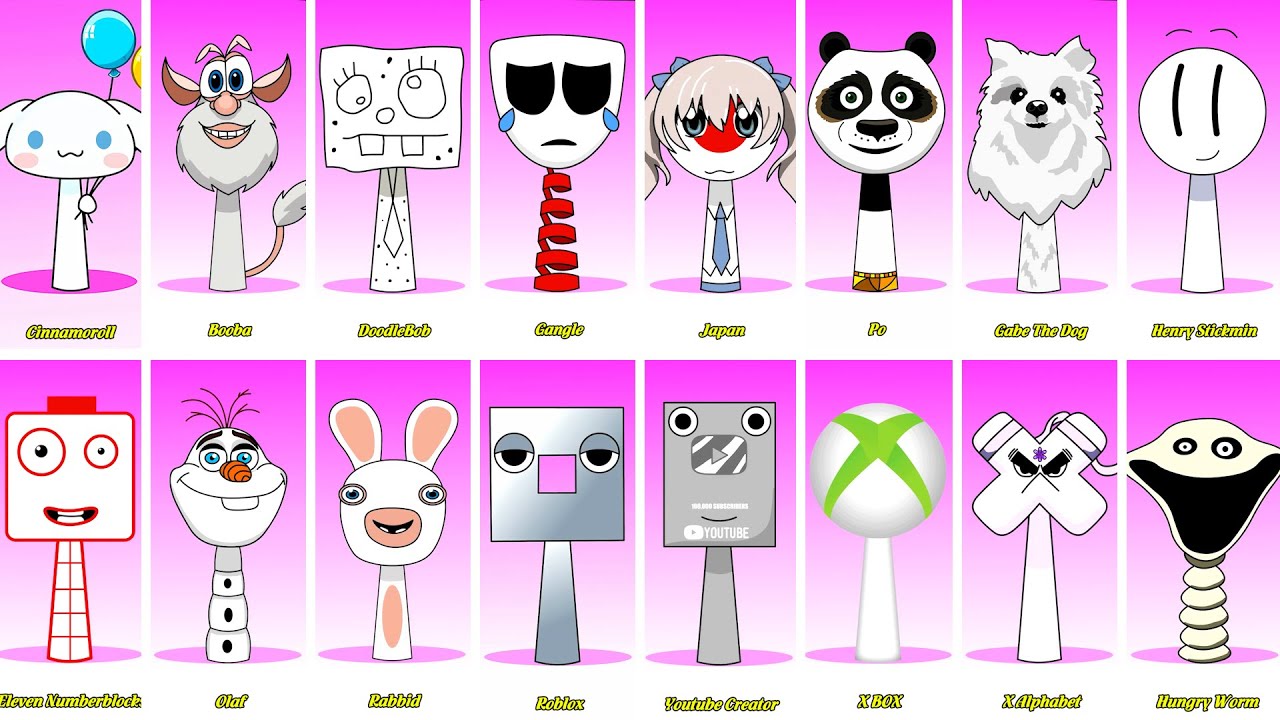 Incredibox Sprunki OC Phase 1 to Phase 4 Booba, Japan, Po, Hungry Worm, X Alphabet, Olaf, Gangle