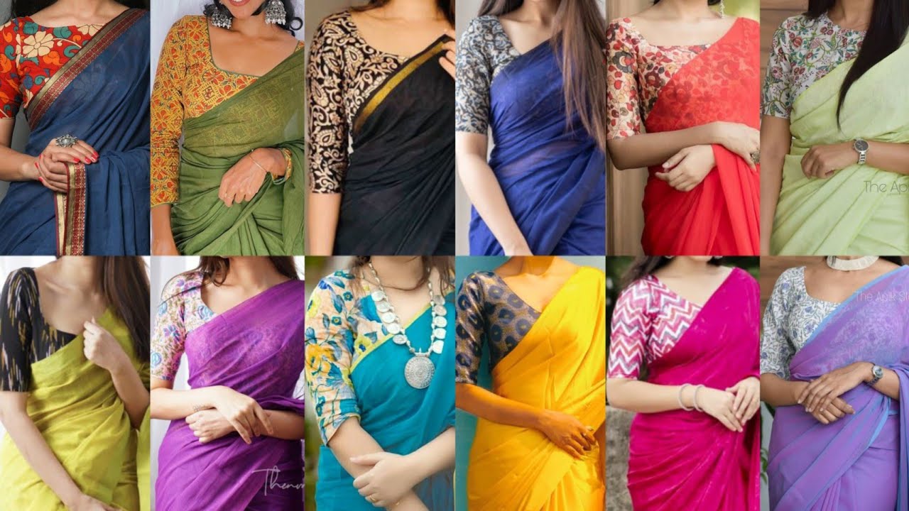 Plain Saree with Printed Blouse | Plain Saree With Designer Blouse Design | Printed Blouse Designs