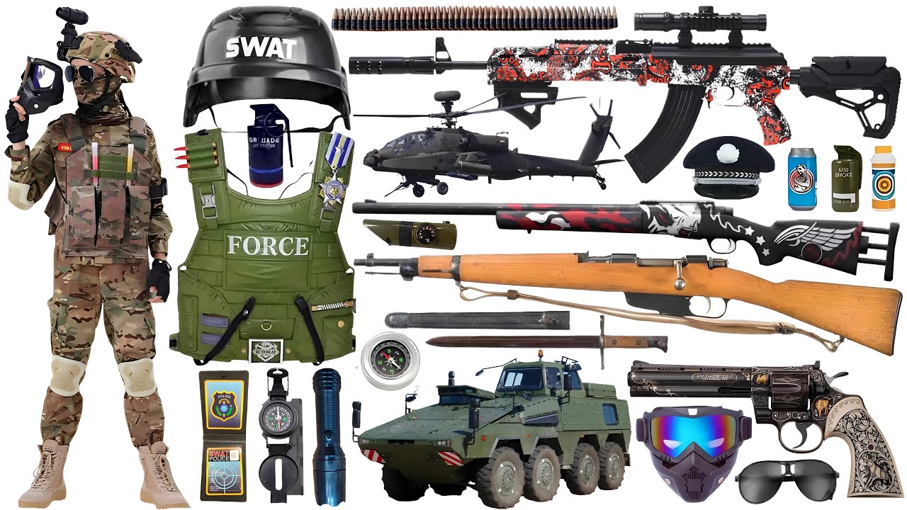 Unboxing of special forces toy guns: SCAR assault rifle, sniper rifle, tactical helmet, and bomb