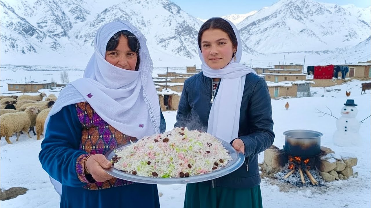 High in the Snowy Mountains: Cooking Afghan Colorful Rice With Raisins | Village Life