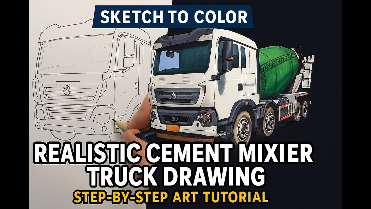 Sketch to Color Realistic Cement Mixer Truck Drawing  Step by Step Art Tutorial