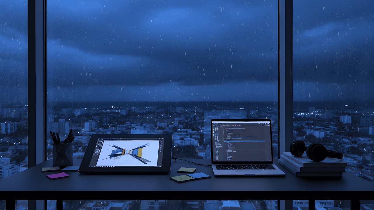 Coding Above the City 🌧️ Rainy Night Creative Desk | Lofi Focus Mix