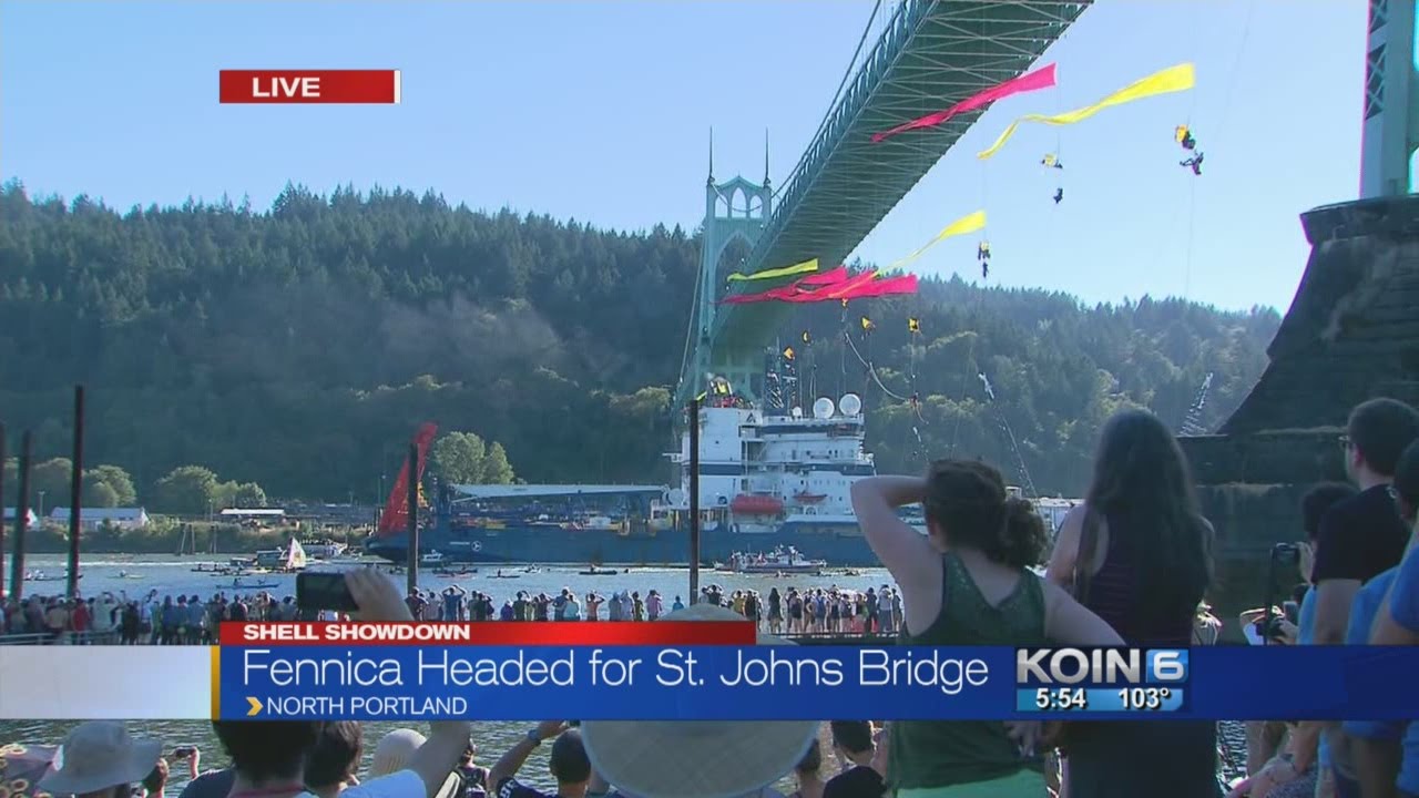 Protesters cleared, Fennica passes St. Johns Bridge