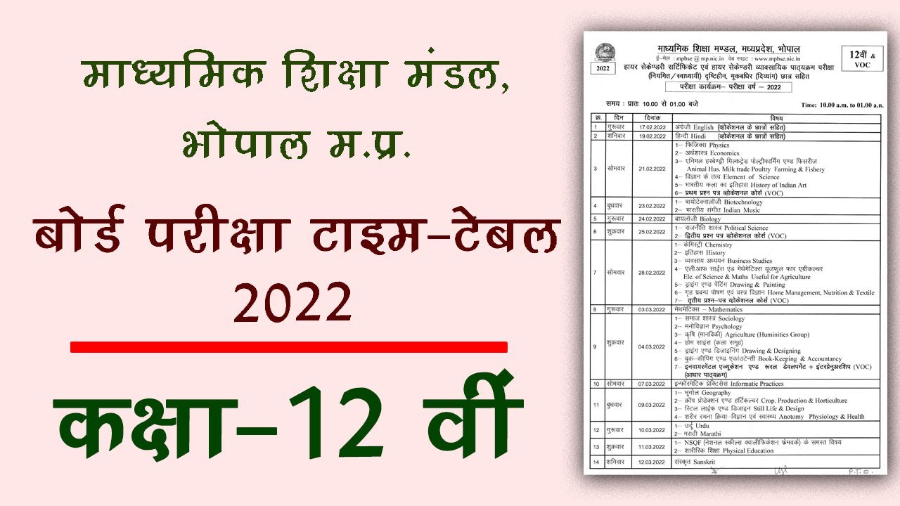 12th mpboard exam time table 2022 : mpboard class 12 time table 2022 : 12th board time table 2022