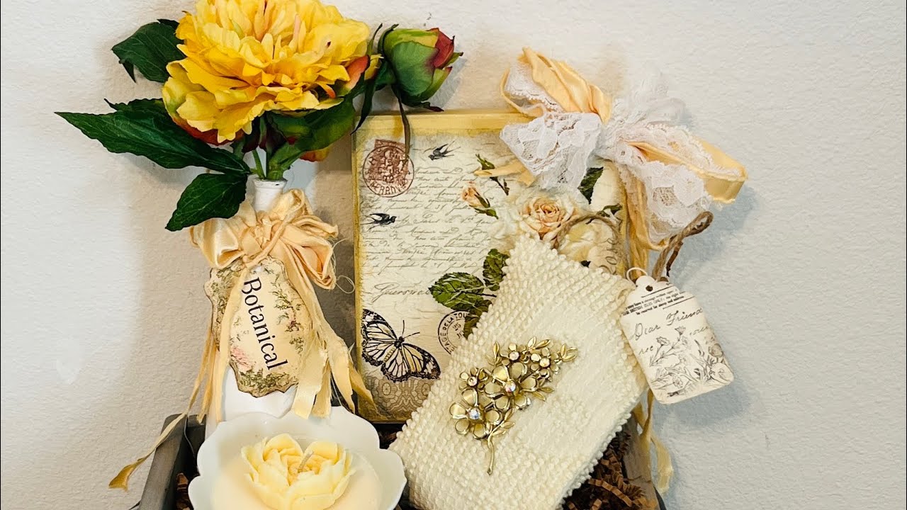 Vintage yellow rose vignette/gift basket 