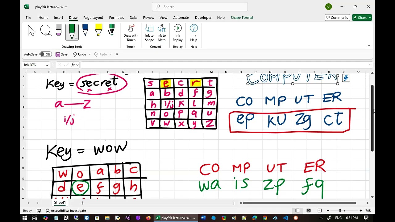 Cryptography Lectures - Playfair Cipher with Excel  in Arabic محاضرات التشفير بالعربي
