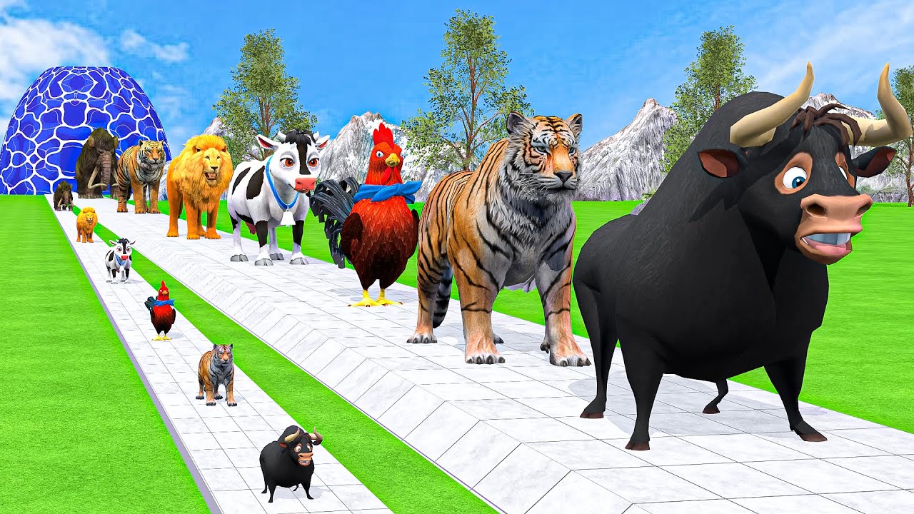 Long Slide Game With Cow Elephant Gorilla Hippopotamus Tiger - 3d Animal Game - Funny 3d Animals