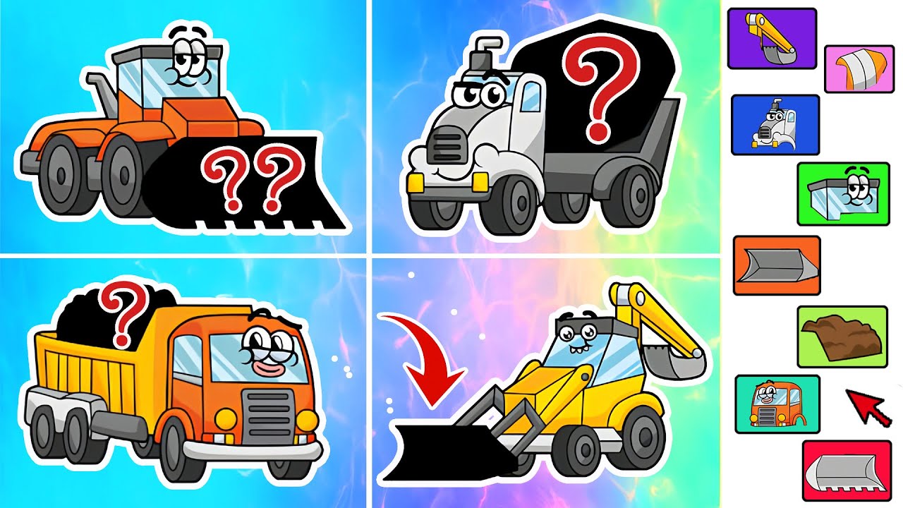 Match the Right Parts! Bulldozer, Dump Truck, Garbage Truck and Excavator 🚜🚚 | Vehicles Animation