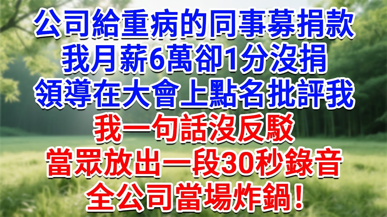 公司給重病的同事募捐款，我月薪6萬卻1分沒捐，領導在大會上點名批評我，我一句話沒反駁，當眾放出一段30秒錄音，全公司當場炸鍋！#為人處世#生活經驗#情感故事#故事#小說#戀愛#情感#婚姻