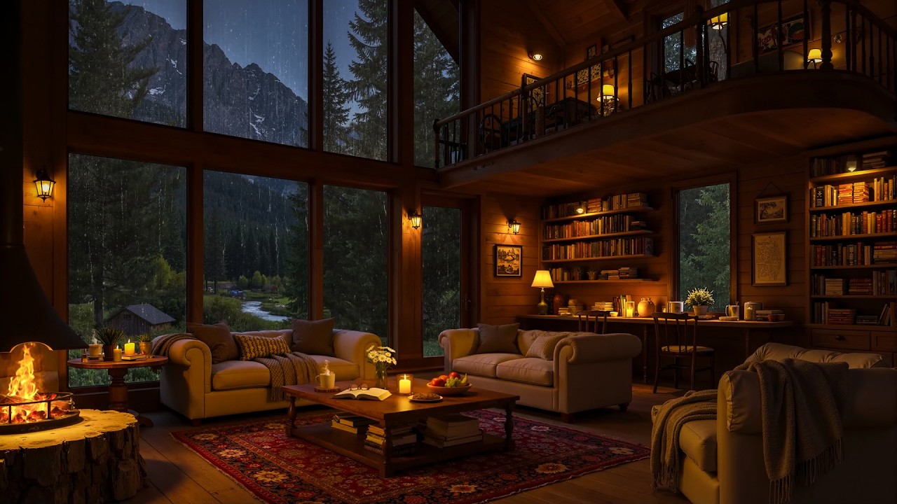Cozy Library Ambience with Smooth Piano Jazz Music, Gentle Rain & Fireplace Sounds to Unwind