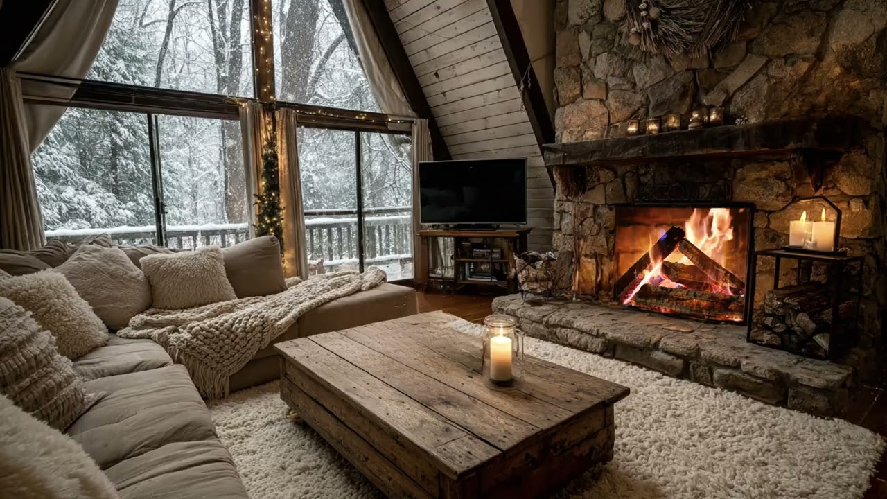 Deep Sleep in Snowy Wooden Cabin | Warm Fireplace Glow and Relaxing Winter Storm Sounds