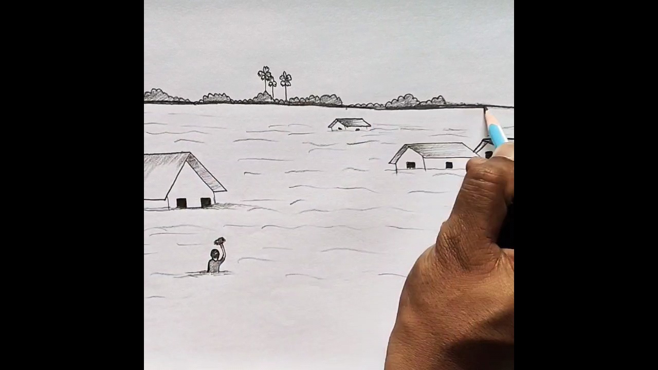 Flood scenery Drawing ✏️ #shorts #pencilart #easydrawing #flood
