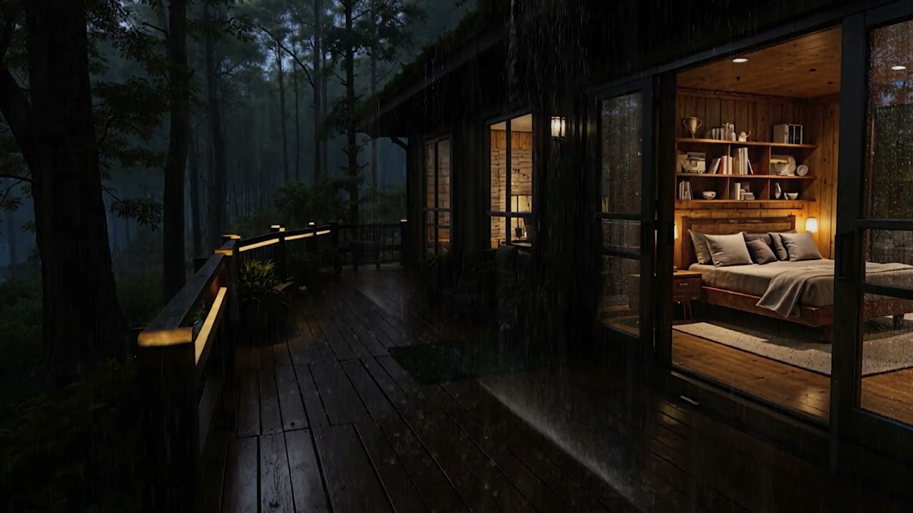 Gentle Night Rain Drifting Across a Quiet Forest Cabin 🌧️ | Relaxing Ambience