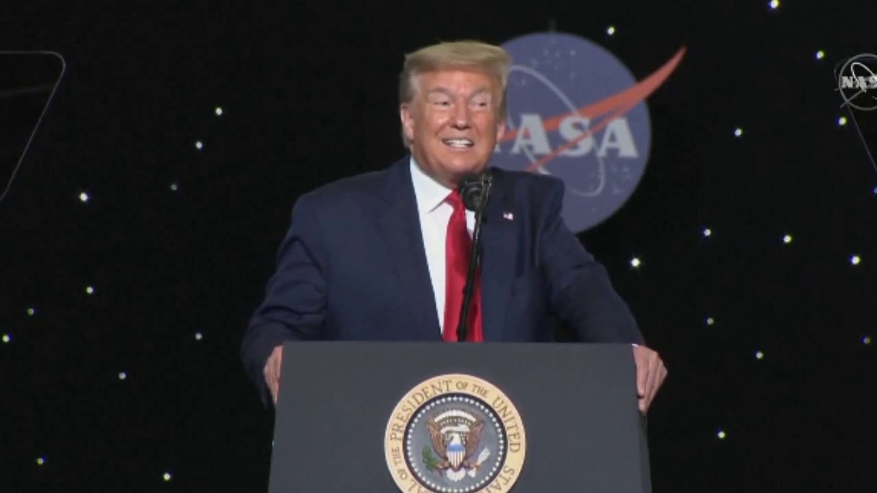 President Trump speaks at Kennedy Space Center after Nasa and SpaceX's historic launch 30 May 2020