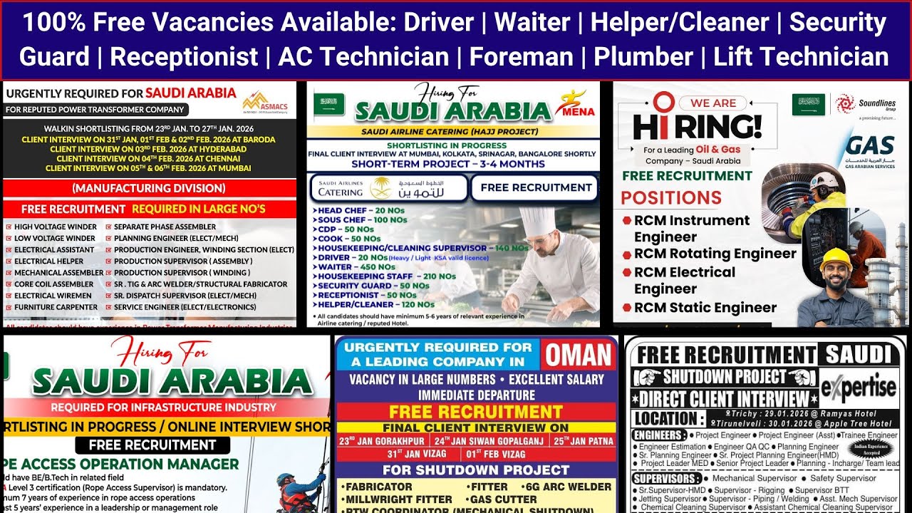 100% Free Jobs Driver, Waiter, Helper/Cleaner, Security Guard, Receptionist, Haj Khidmat, Plumber